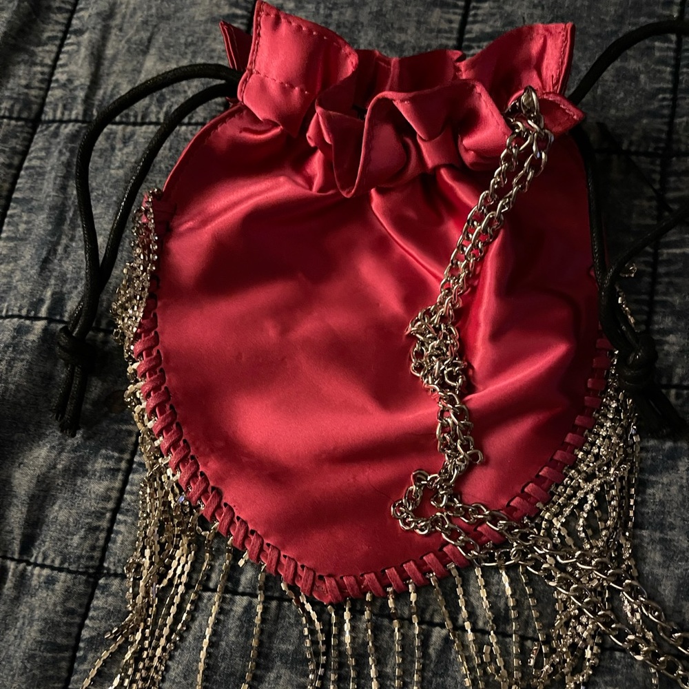 Pink satin rhinestone fringe evening bag